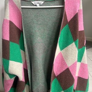 DAVI & DANI Pink Green Brown Argyle Cardigan